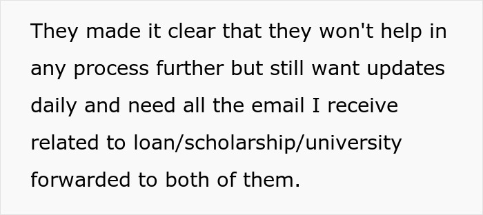 Text excerpt discussing lack of help in process but desire for daily updates on loan and university emails.