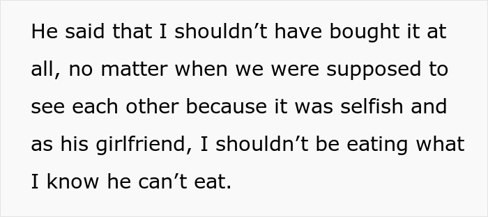 Text screenshot showing a man upset because his girlfriend bought a peanut butter cake to eat at work, knowing he can't eat it.