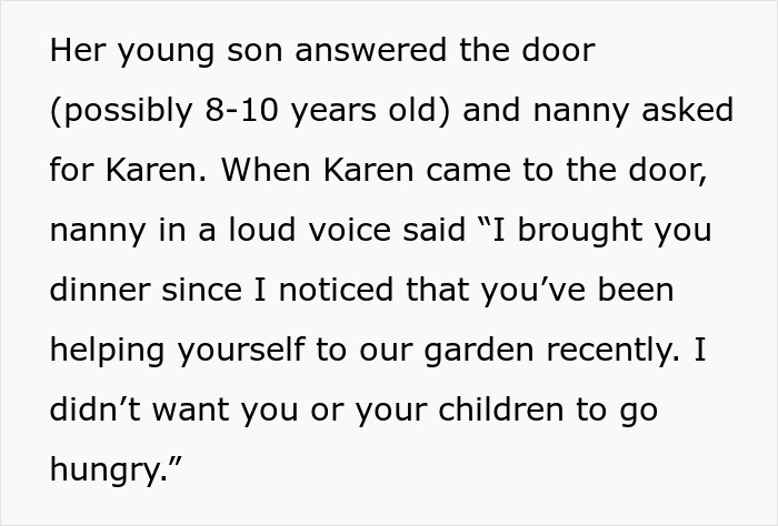 Nanny confronts neighbor stealing fruit from garden, serving a steaming plate as a clever act of revenge.