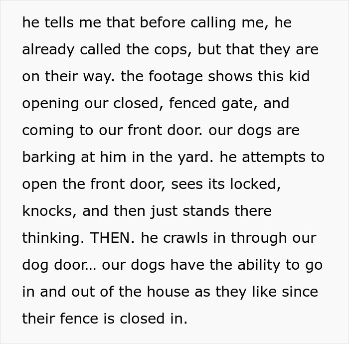 Woman catches neighbor&rsquo;s son entering her home through dog door while dogs bark in the yard, surprised by parents&rsquo; reaction
