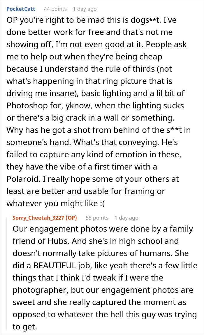 Screenshot of online comments criticizing a $3K wedding photographer&rsquo;s poor work compared to a dog with a GoPro.