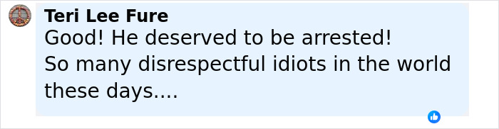 Comment by Teri Lee Fure expressing support for the man's arrest after disrespectful act at tomb of unknown soldier. - 7