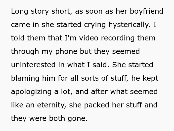 Text excerpt describing a friend breaking into a house, crying, blaming, apologizing, and packing her stuff to leave.