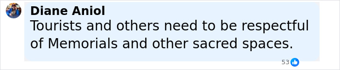 Comment by Diane Aniol emphasizing respect for memorials and sacred spaces after man arrested for lighting cigarette on tomb. - 6