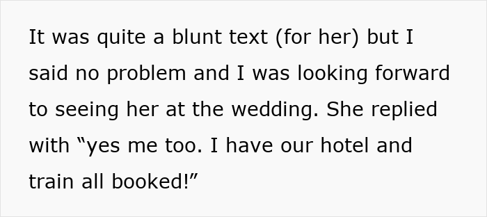 Text excerpt showing a woman&rsquo;s blunt message about looking forward to a friend&rsquo;s wedding before she suddenly turns flaky.