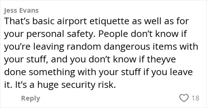 Comment highlighting airport etiquette and security risks of leaving bags unattended during heated airport debate on bag watching. Comment highlighting airport etiquette and security risks of leaving bags unattended during heated airport debate on bag watching.