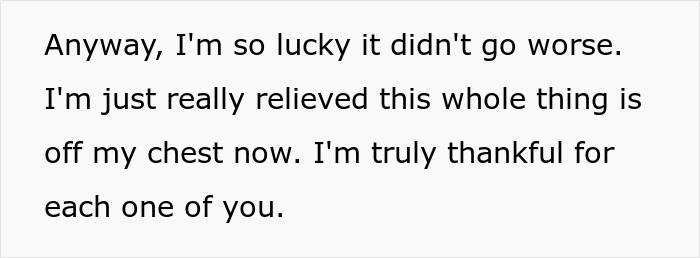 Text expressing relief and thankfulness after a friend breaks into house and plants belongings to prove residence.