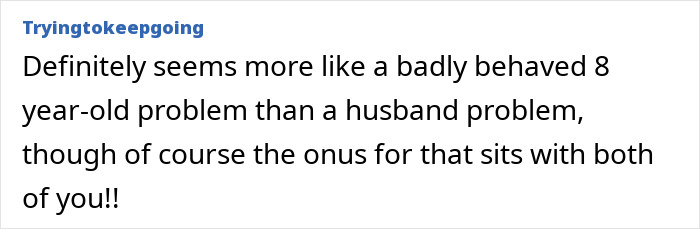 Comment text on a white background discussing a husband left baby on the mown lawn issue in a forum style. Comment text on a white background discussing a husband left baby on the mown lawn issue in a forum style.