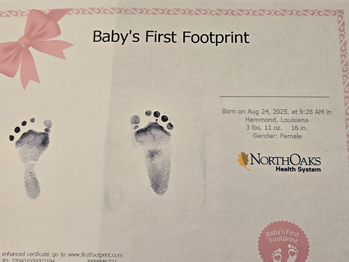 Newborn baby's first footprint certificate from North Oaks Health System in Hammond, Louisiana, female infant born August 2025. Newborn baby's first footprint certificate from North Oaks Health System in Hammond, Louisiana, female infant born August 2025.
