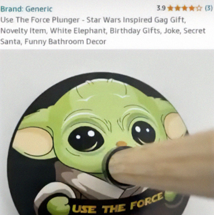 Star Wars inspired design fail with a plunger attached to a cartoon character’s face, showing a bad design choice.