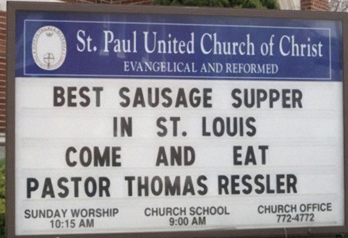 Church sign with a design fail confusing a sausage supper invitation and pastor's name, illustrating design fails humor.