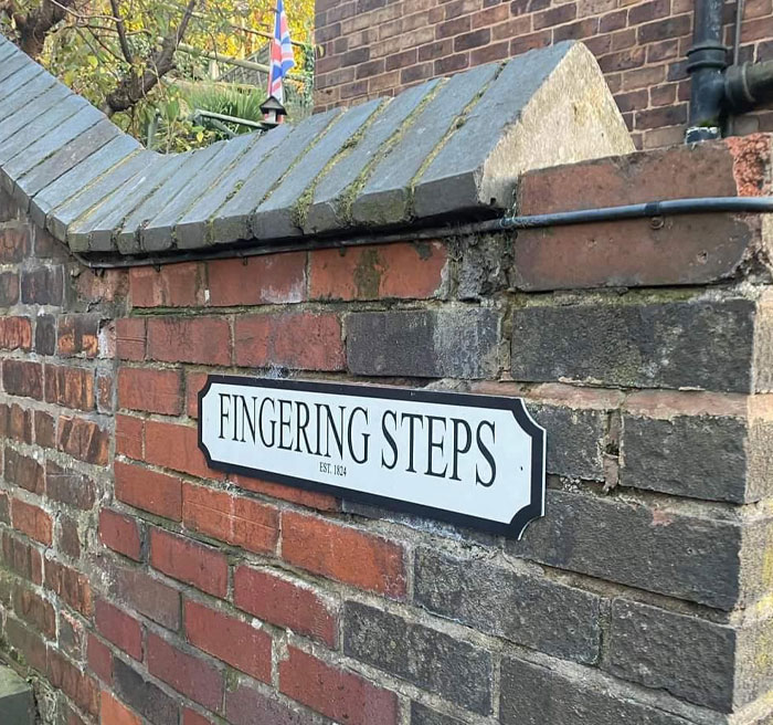 Street sign with a design fail showing the name Fingering Steps mounted on a brick wall outdoors.