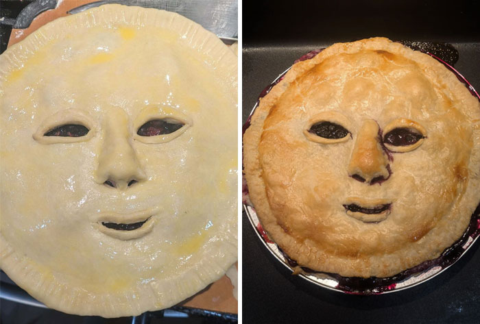 Unbaked and baked pie with a detailed face design showcasing incredible bakes with unique artistic flair.