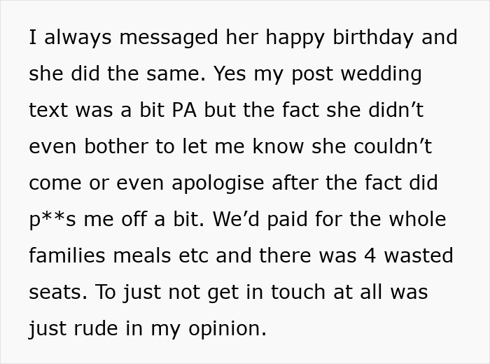 Alt text: Text message showing frustration over a woman suddenly turning flaky, missing a friend's wedding, and sending a malicious voicemail.