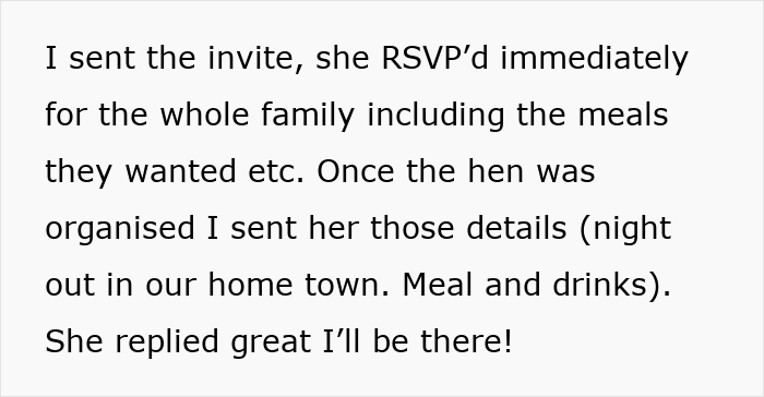 Text excerpt showing a woman confirming attendance for a family wedding and hen night, then suddenly turning flaky.