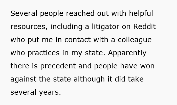 Text excerpt discussing a man wrongfully jailed and people offering legal resources including a litigator on Reddit.