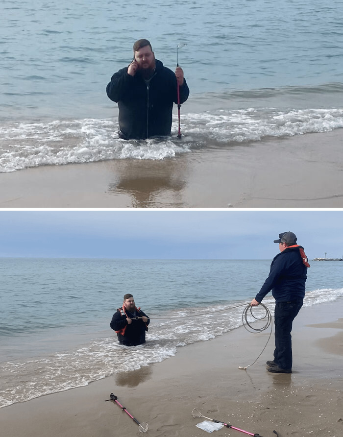 Man standing waist-deep in ocean water using metal detector, demonstrating interesting and bizarre things found at the beach.