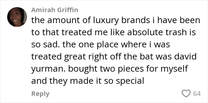 User comment about experiences with luxury brands and positive treatment at David Yurman store, related to brand rejection discussion.