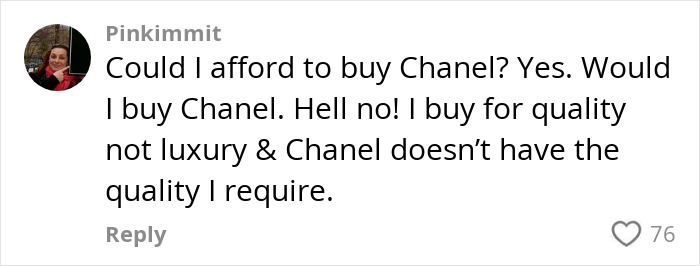 Screenshot of a social media comment rejecting Chanel for quality, related to Bethenny Frankel blasting the brand.