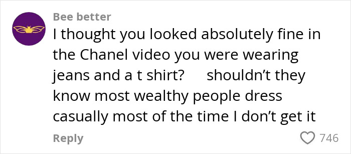 Comment criticizing Chanel for casual dress code, relating to Jennifer Lopez and Bethenny Frankel store rejections.