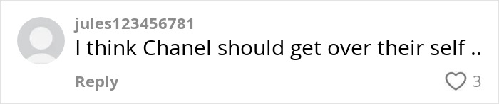 Comment criticizing Chanel for their rejection, referencing controversy involving Jennifer Lopez and Bethenny Frankel.