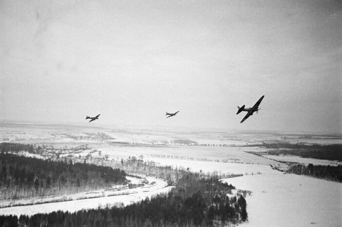 Three vintage planes flying over a snowy forest landscape, capturing a moment of biggest world unexpected discoveries in aviation.