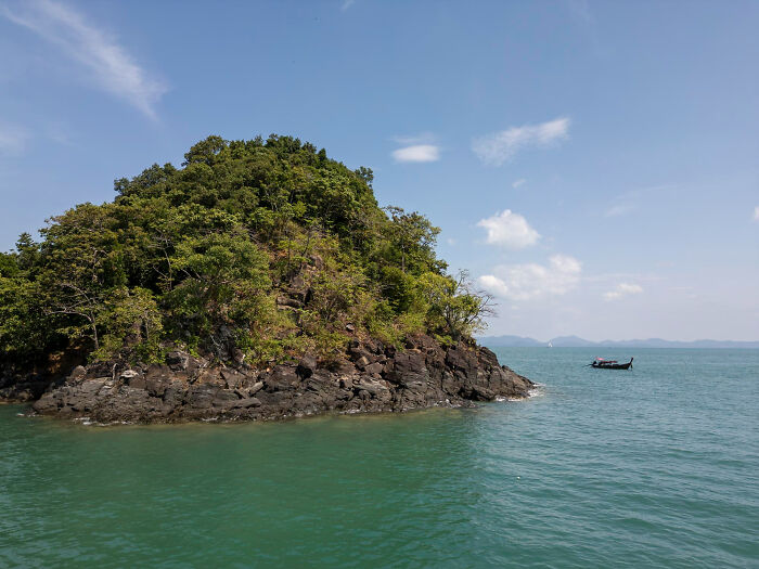 Small rocky island covered with trees in calm blue sea under clear sky, representing biggest world unexpected discoveries.