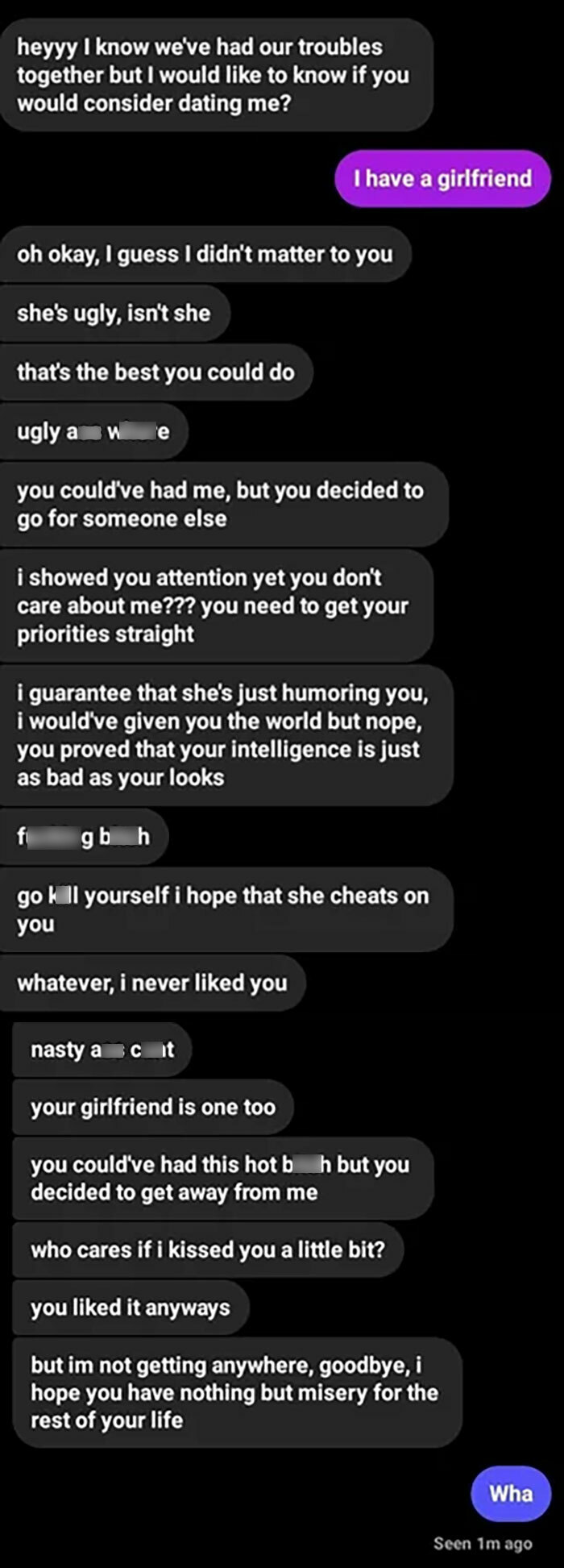 Text message exchange showing delusional behavior from a woman refusing to accept rejection with insults and threats.