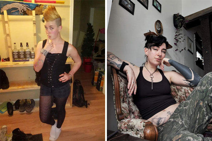 Side-by-side photos showing a person’s regrettable past fashion and their current style with tattoos and piercings.