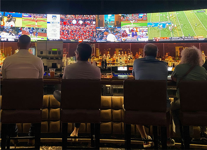 Four people watching multiple sports games on screens above a bar illustrating profitable industries in sports entertainment.