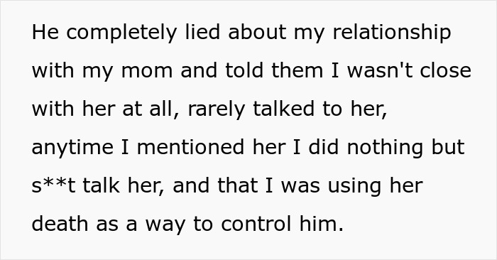 Text excerpt about a woman&rsquo;s boyfriend lying about her relationship with her mother, revealing true character after her mother&rsquo;s death.