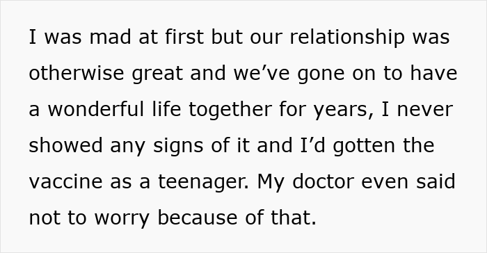 Text excerpt about a woman reflecting on her relationship and HPV vaccine despite cancer resentment toward healthy boyfriend.