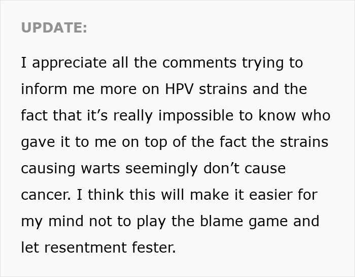 Alt text: Update about HPV strains, cancer risk, and coping with resentment toward healthy boyfriend with past HPV history.