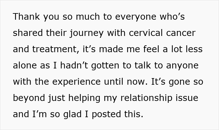 Text expressing gratitude to those who shared their cervical cancer and treatment experiences, easing relationship struggles.