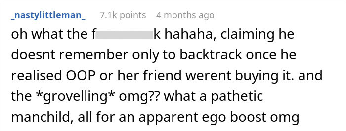 Commenter criticizing a guy pretending to be single at a party and making dumb excuses when confronted by his girlfriend.