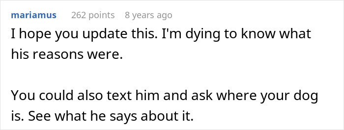 Screenshot of an online comment discussing reasons behind boyfriend&rsquo;s attempt to stealthily euthanize girlfriend&rsquo;s dog.