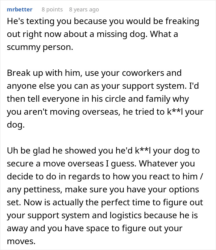 Reddit user advises breaking up with boyfriend for trying to stealthily euthanize girlfriend&rsquo;s dog, calling him a scummy person.