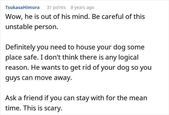 Online comment warning about an unstable boyfriend trying to stealthily euthanize girlfriend&rsquo;s dog, urging caution.