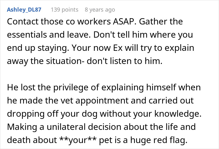 Comment advising to leave immediately and warning about partner's unilateral decision to euthanize girlfriend&rsquo;s dog without consent.