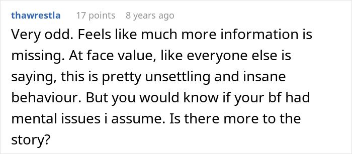 Screenshot of an online comment discussing unsettling behavior about a boyfriend trying to stealthily euthanize girlfriend&rsquo;s dog.