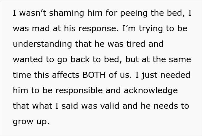 Text discussing a man who wets the bed and the need for him to grow up and take responsibility for his actions.