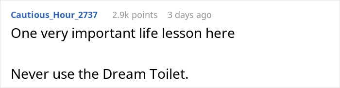 Text post from user Cautious_Hour_2737 sharing a life lesson about not using the Dream Toilet with 2.9k points.