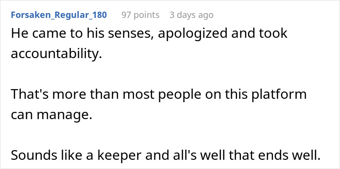 Text conversation on a forum about a man taking accountability after wetting the bed, reflecting on maturity and responsibility.