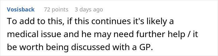 Comment about bedwetting possibly being a medical issue and the need for further help from a GP.