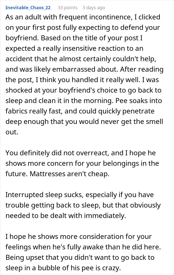 Comment discussing a man who wets the bed and the impact of frequent incontinence on relationships and sleep.