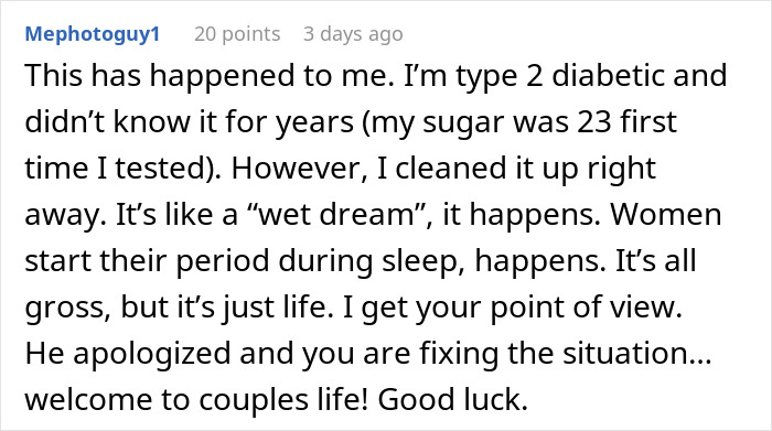 Comment discussing a man who wets the bed and addressing the topic of bedwetting not being a big deal in relationships.