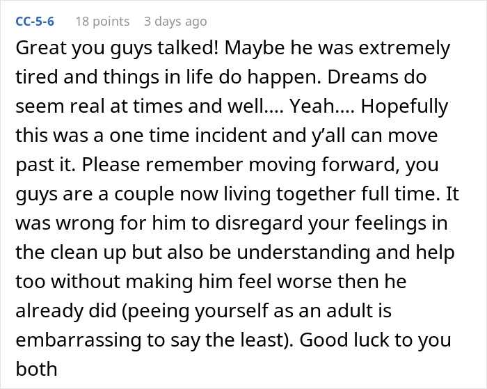 Comment discussing a man wetting the bed, emphasizing the need to grow up and addressing the situation with understanding.