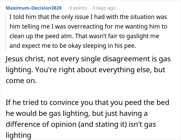 Reddit user discussing a man who wets the bed and dismisses it, showing a lack of maturity in handling the issue.