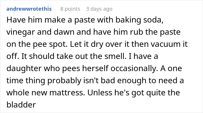Comment suggesting a homemade cleaning paste to remove bed wetting stains, referencing occasional accidents.