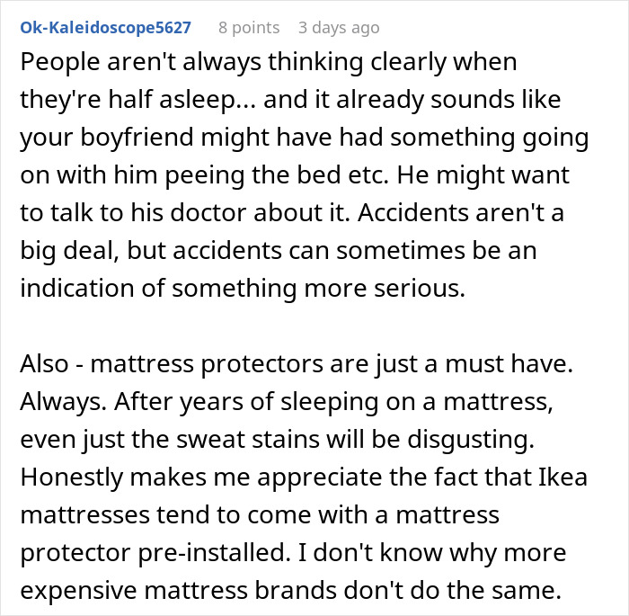 Comment discussing man wetting the bed, the seriousness of accidents, and importance of mattress protectors.
